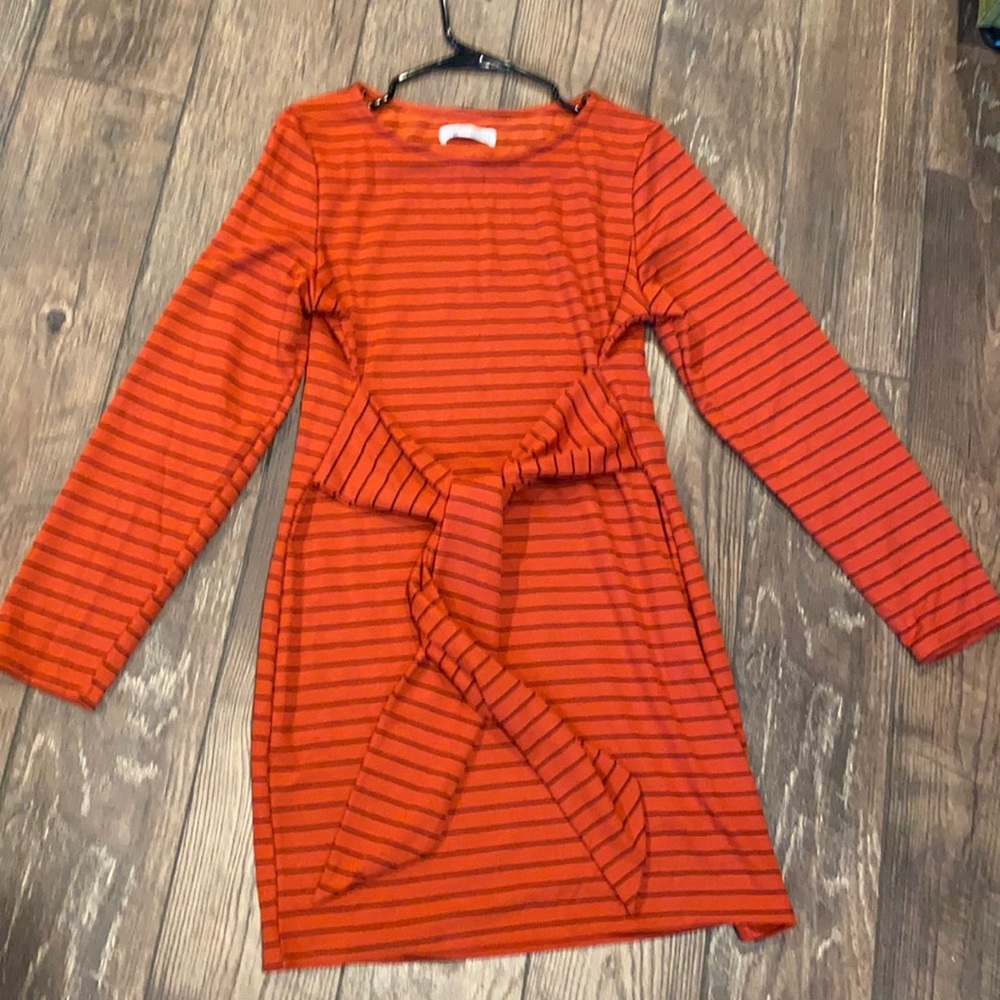 Black and burnt copper belted striped dress